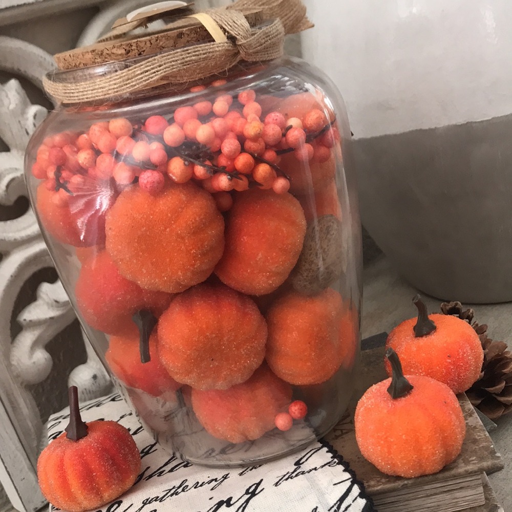 Fall Harvest Autumn miniature glittered pumpkins with acorns and berries in jar